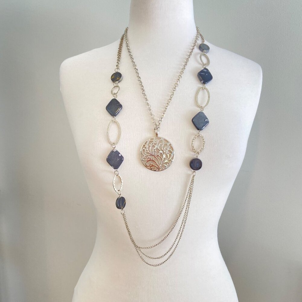 Modern Black & Silver Layered Necklace With Geometric Accents & Medallion Pendan